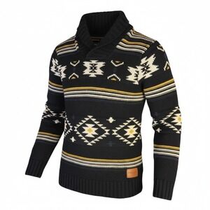 PROJEK RAW Cabincore Modern Heritage Mens Shawl Collar Fair Isle Knit Sweater